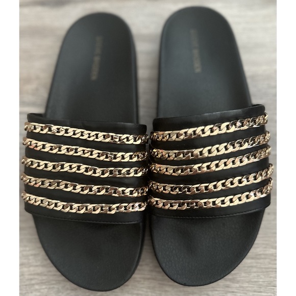 Like New! Steve Madden Black W/ Gold Chain Slides - Picture 2 of 6
